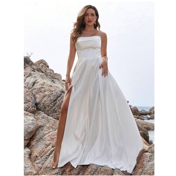 Modern Wedding Dress Satin Simple Plain Wedding Gown Corset Silk Side Slit Prom - Picture 4 of 8